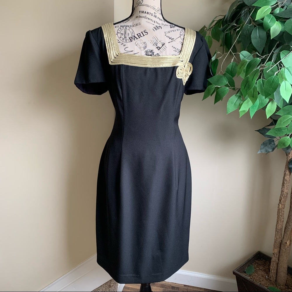 Expo Nite Vintage Gold Square Neck Sheath Dress Black Sz 10